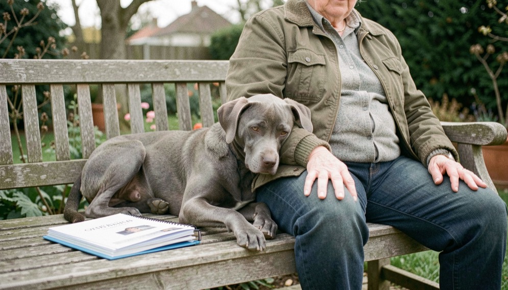 A grey faced dog resting its head on an older adopter’s knee on a garden bench, an adoption folder beside them