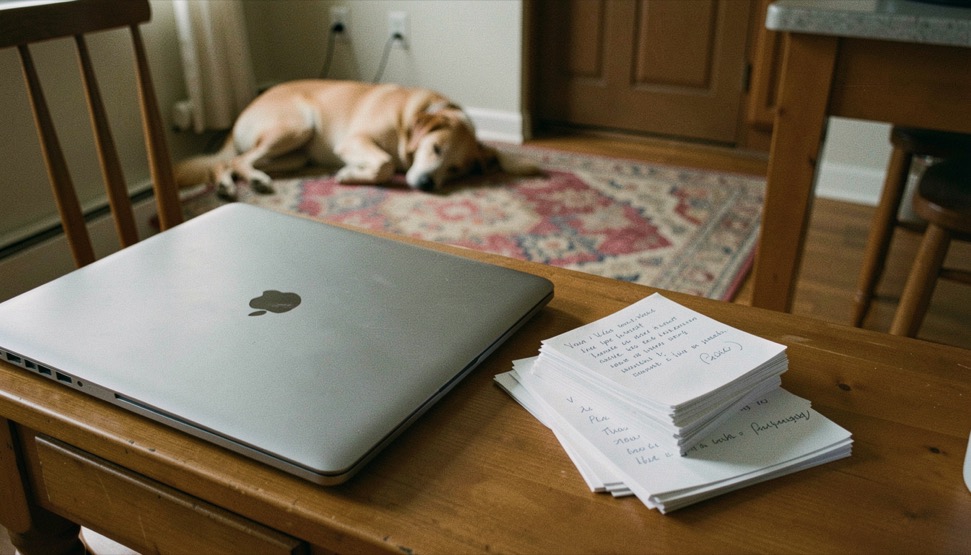 A closed laptop on a kitchen table next to a handwritten stack of letters, a dog asleep on a rug in the background