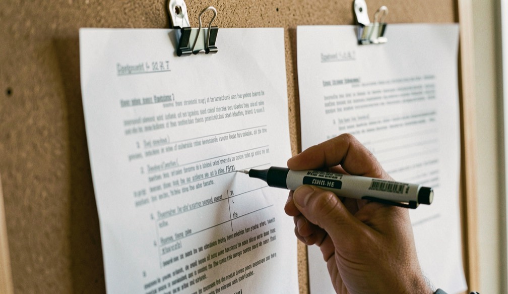 A marker crossing out lines of a printed draft clipped to a board, a second corrected sheet waiting beside it