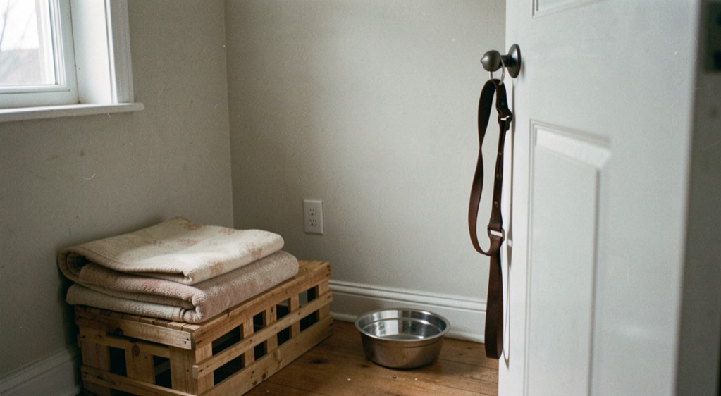 A spare bedroom with a crate, a folded blanket and a water bowl ready, a dog lead hanging on the door handle