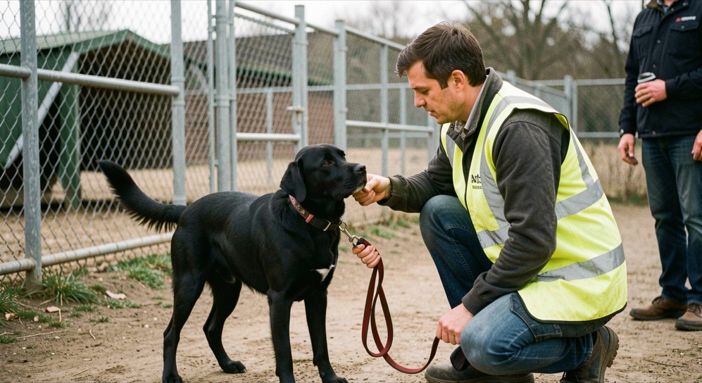 A volunteer in a hi vis vest clipping a lead onto a calm black dog inside an outdoor kennel run, a trainer watching