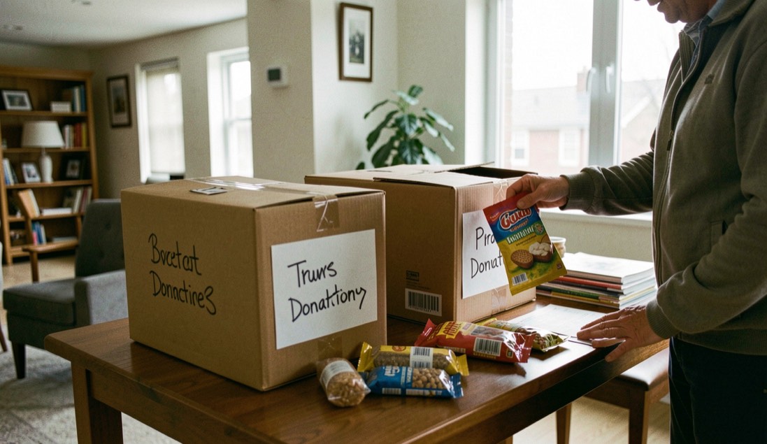 Cardboard donation boxes labelled with marker pen on an apartment lobby table, one neighbour adding a pack of treats