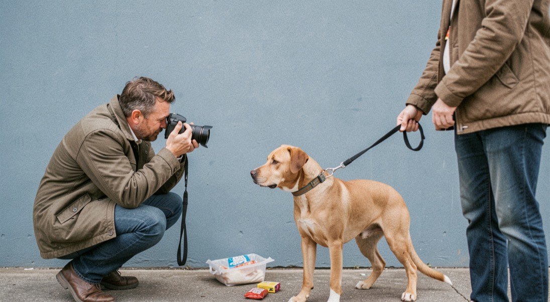 A photographer crouching in front of a plain blue wall while a handler holds a tan dog on a short lead, treats ready