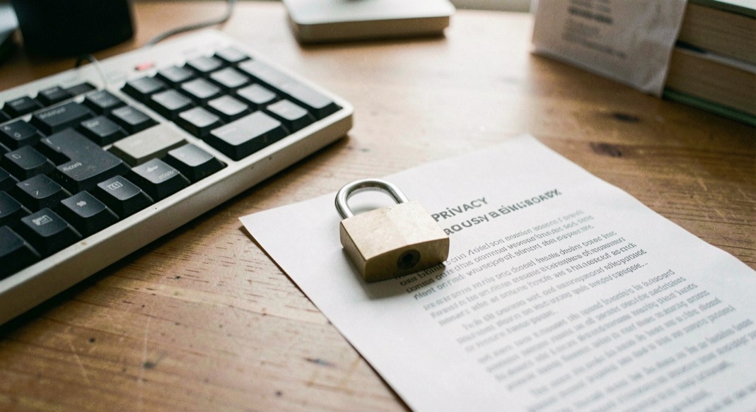 A closed padlock resting on a printed privacy statement beside a keyboard, soft window light on a wooden desk
