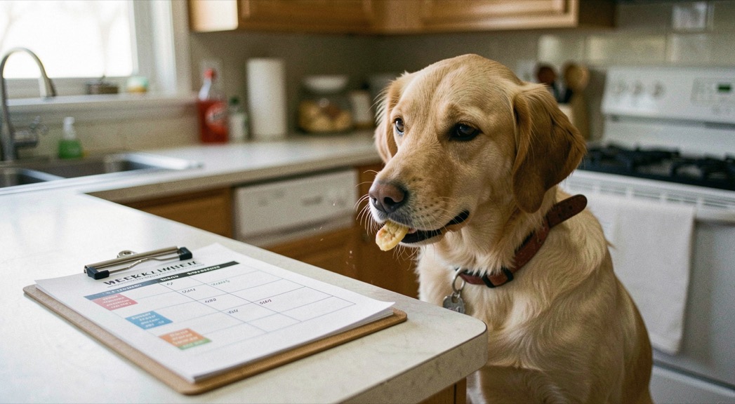 A foster dog learning to sit for a treat in a home kitchen, a clipboard with a week by week chart on the counter