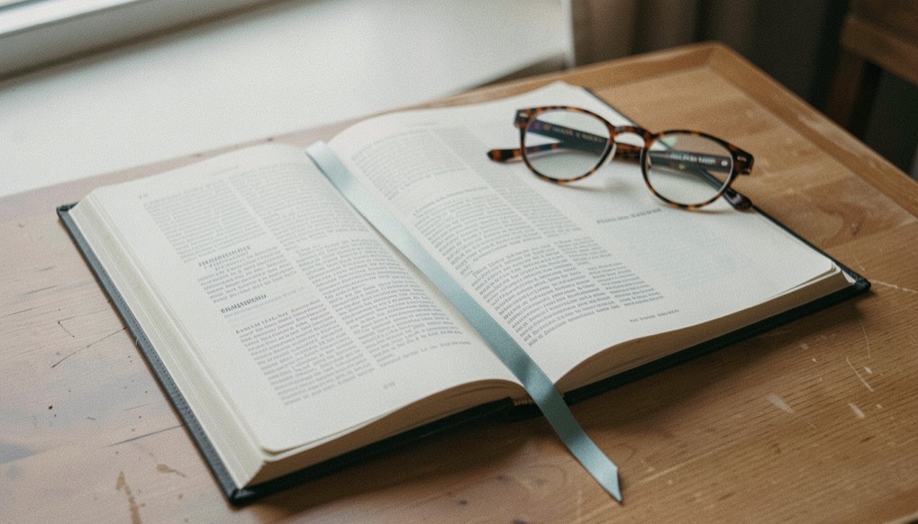 A hardcover handbook lying open on a table beside a pair of glasses, a bookmark ribbon across the printed page