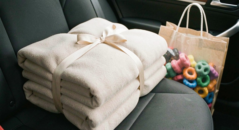 A folded stack of clean fleece blankets tied with cotton ribbon on a car back seat, beside a shopping bag of rubber chew toys