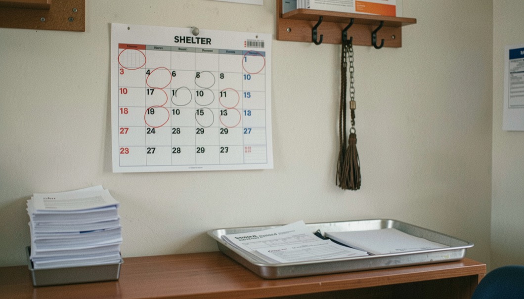 A wall calendar with circled dates above a shelter office desk, beside a tray of printed forms and a lead hanging on a hook