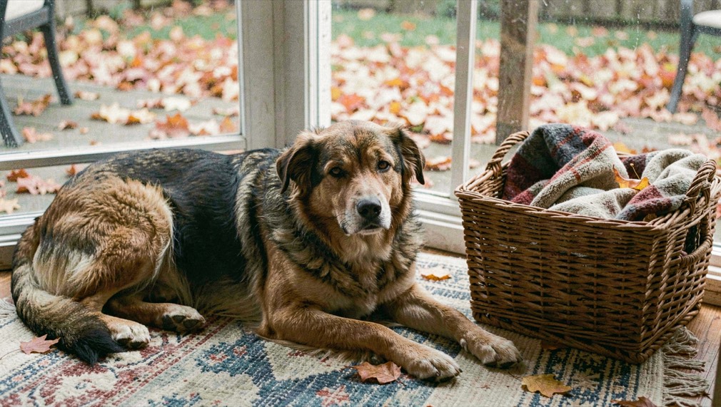 An adult mixed breed dog lying on a rug by a patio door while autumn leaves pile outside and a blanket basket stays open