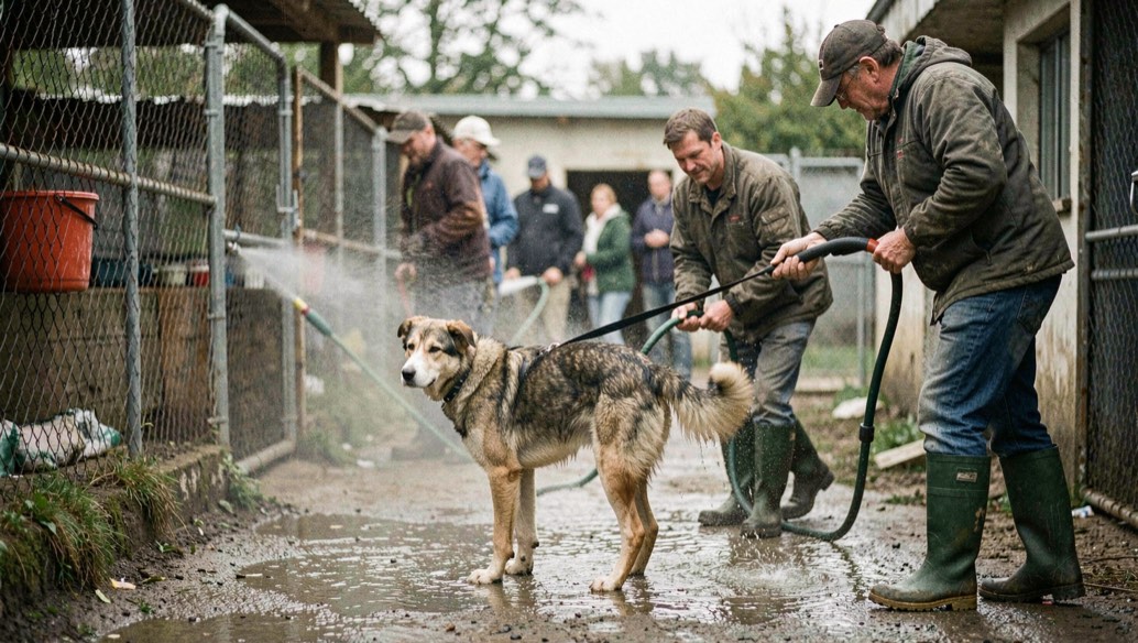 Volunteers in rubber boots hosing down an outdoor kennel run while one holds the lead of a waiting mixed breed dog