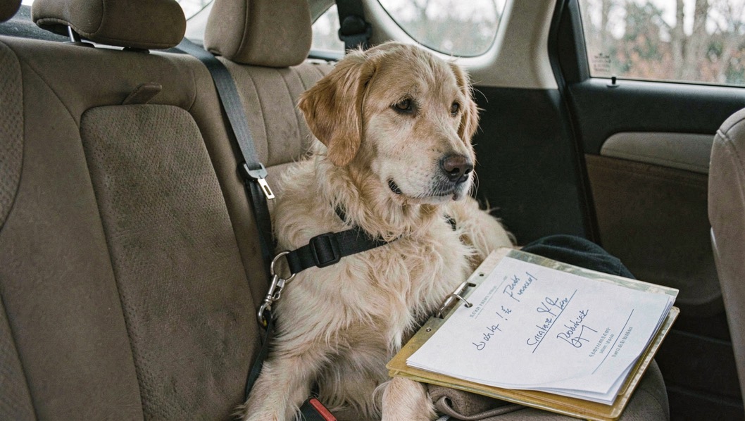 A dog wearing a harness strapped with a seatbelt clip on a car back seat, a signed transport folder on the passenger seat