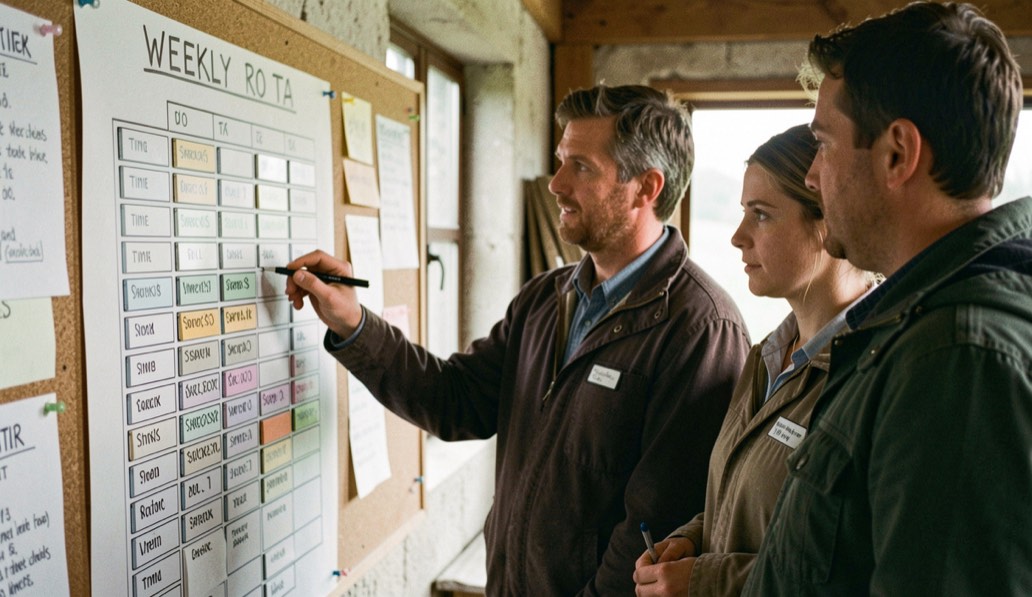 A coordinator pinning a weekly rota of time slots on a shelter noticeboard, two new volunteers watching the grid